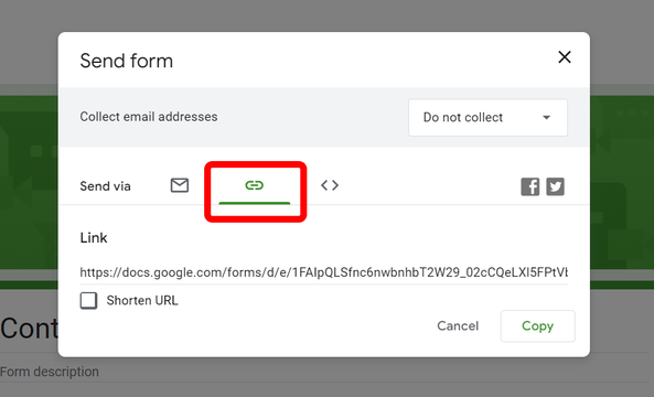 Google Form share modal