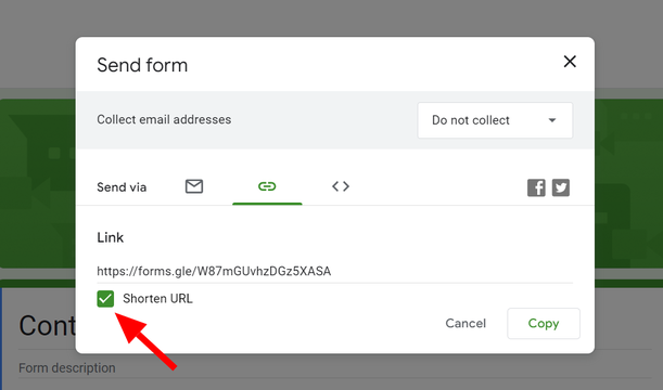 Google Forms shorten url option in the share modal