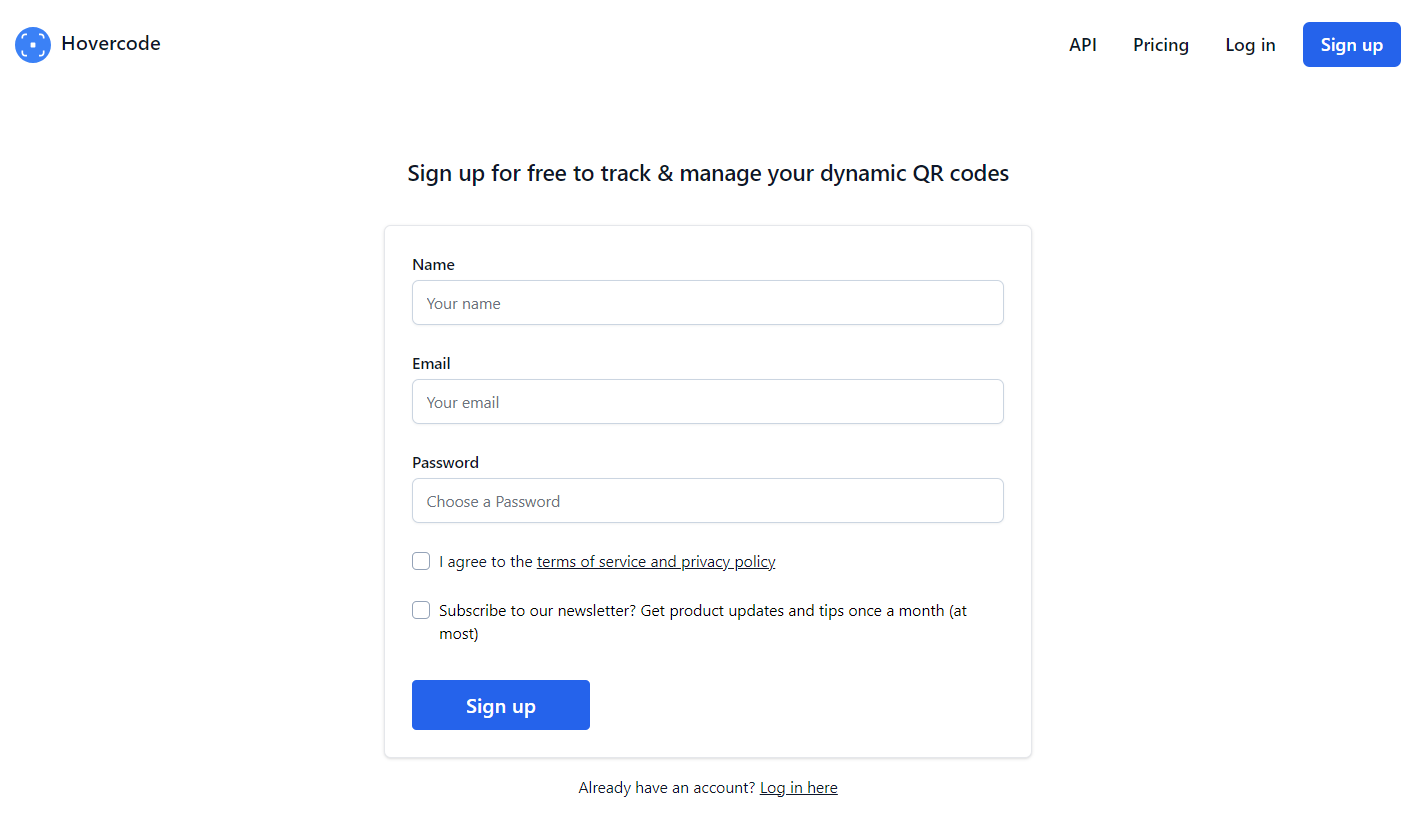 A screenshot of the Hovercode sign up form