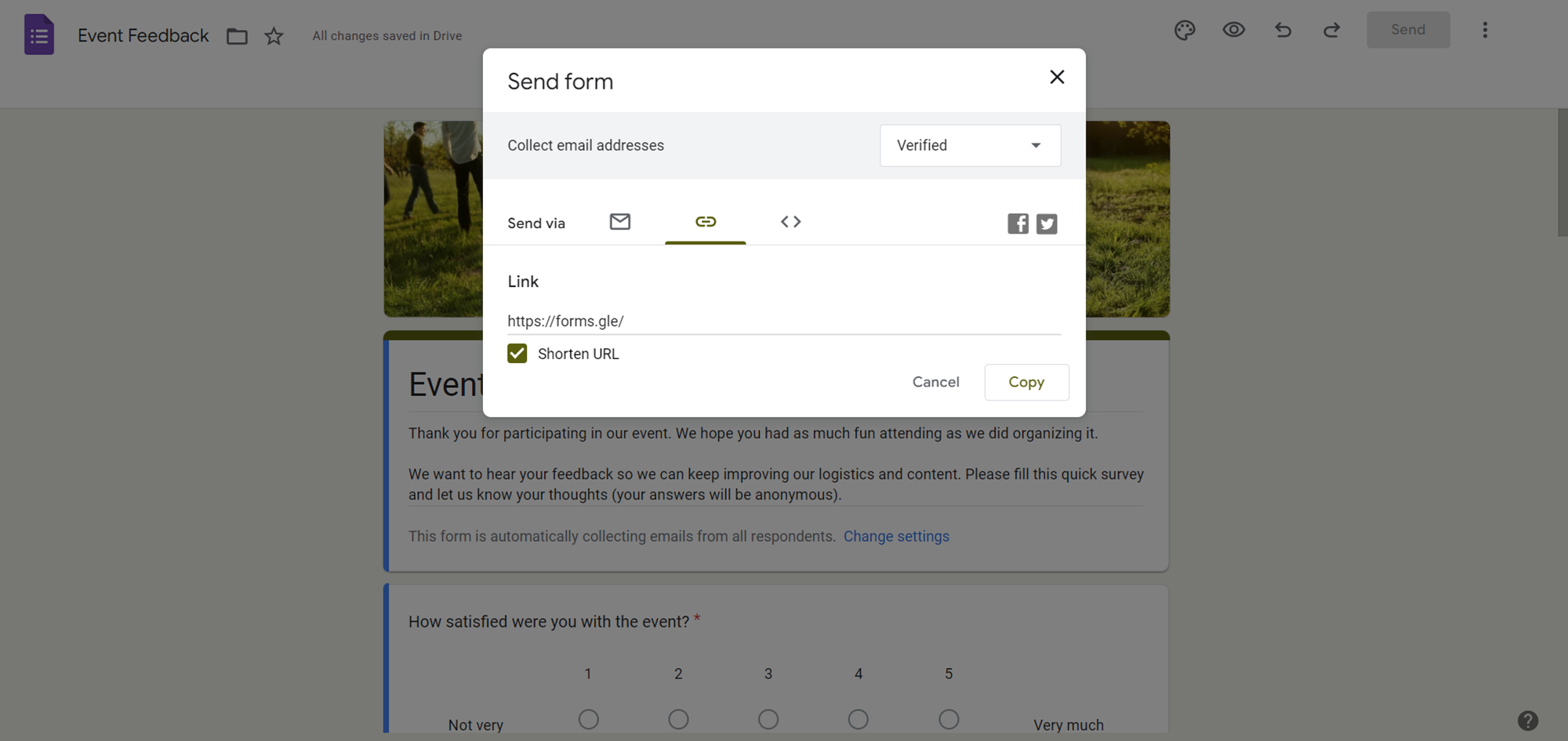 Google Form share modal