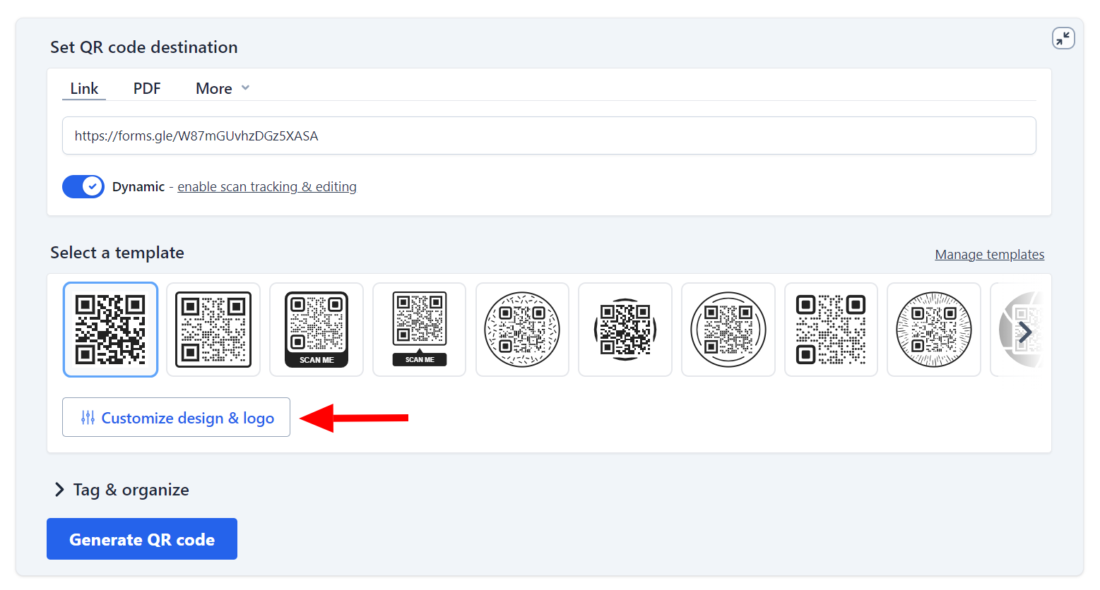 Screenshot of the Hovercode QR code generator