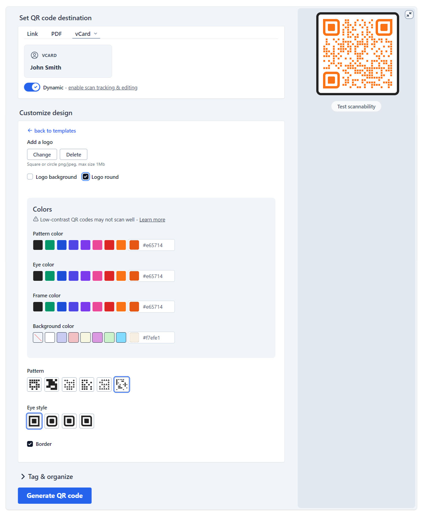 A screenshot of the Hovercode QR code customisation options (color etc)