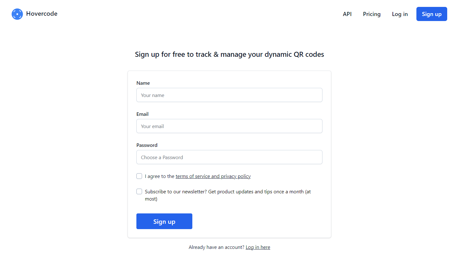 The Hovercode sign up form