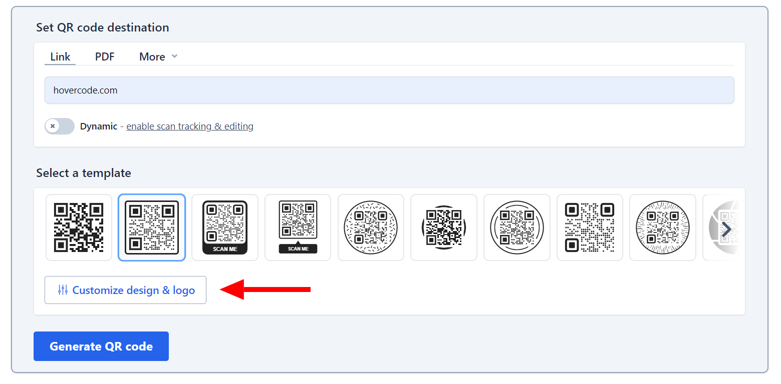 QR code generator interface showing template selection options and a 'Customize design & logo' button