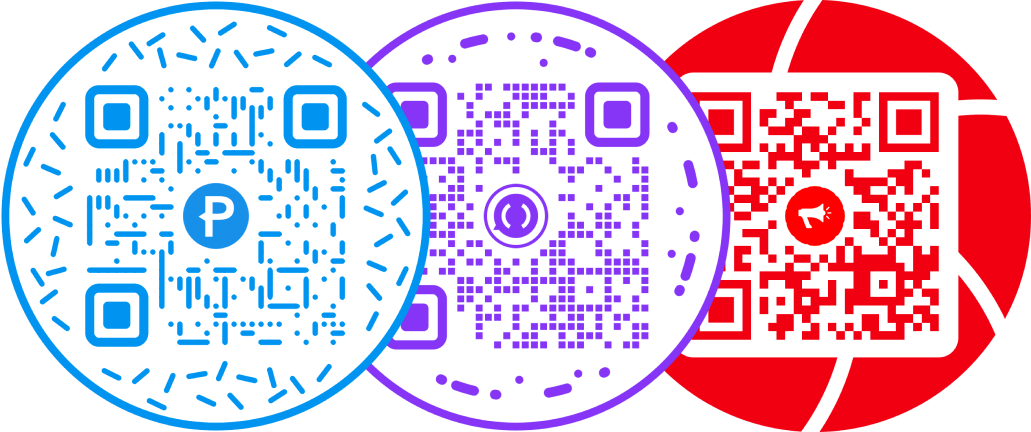 Three QR codes in blue, purple, and red colors with different decorative borders and logo in the center