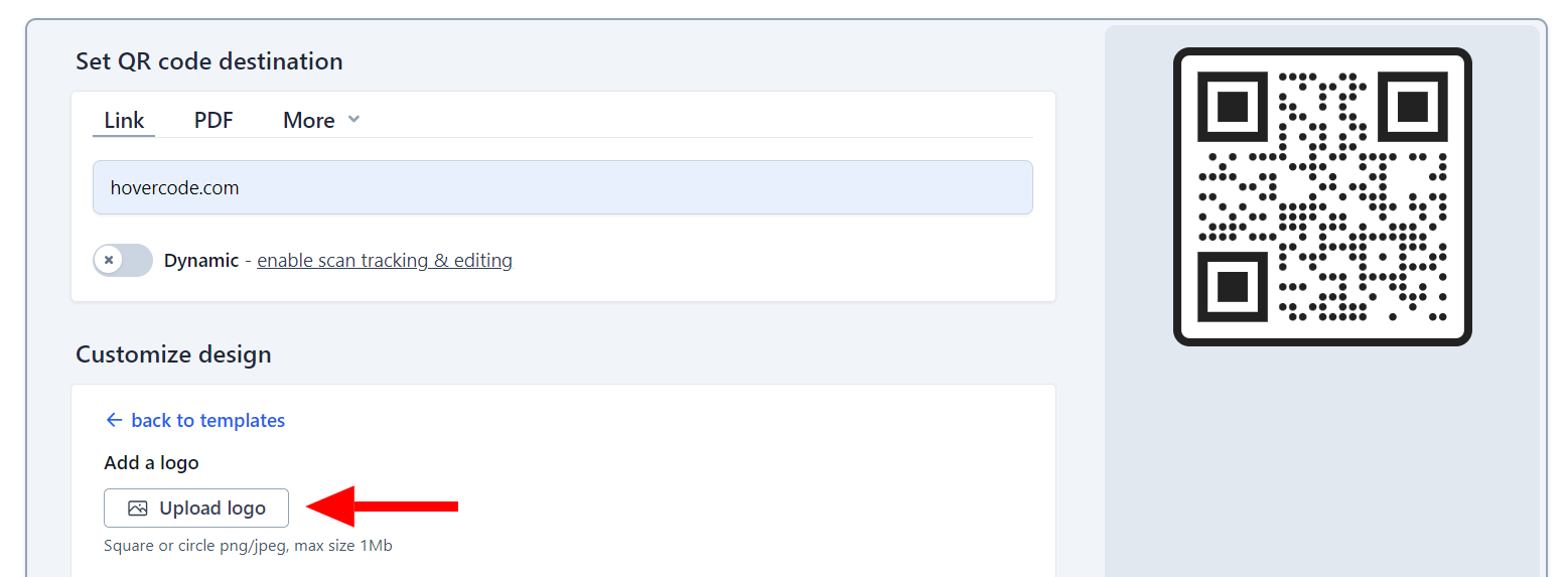 QR code customization interface with an 'Upload logo' button highlighted by a red arrow