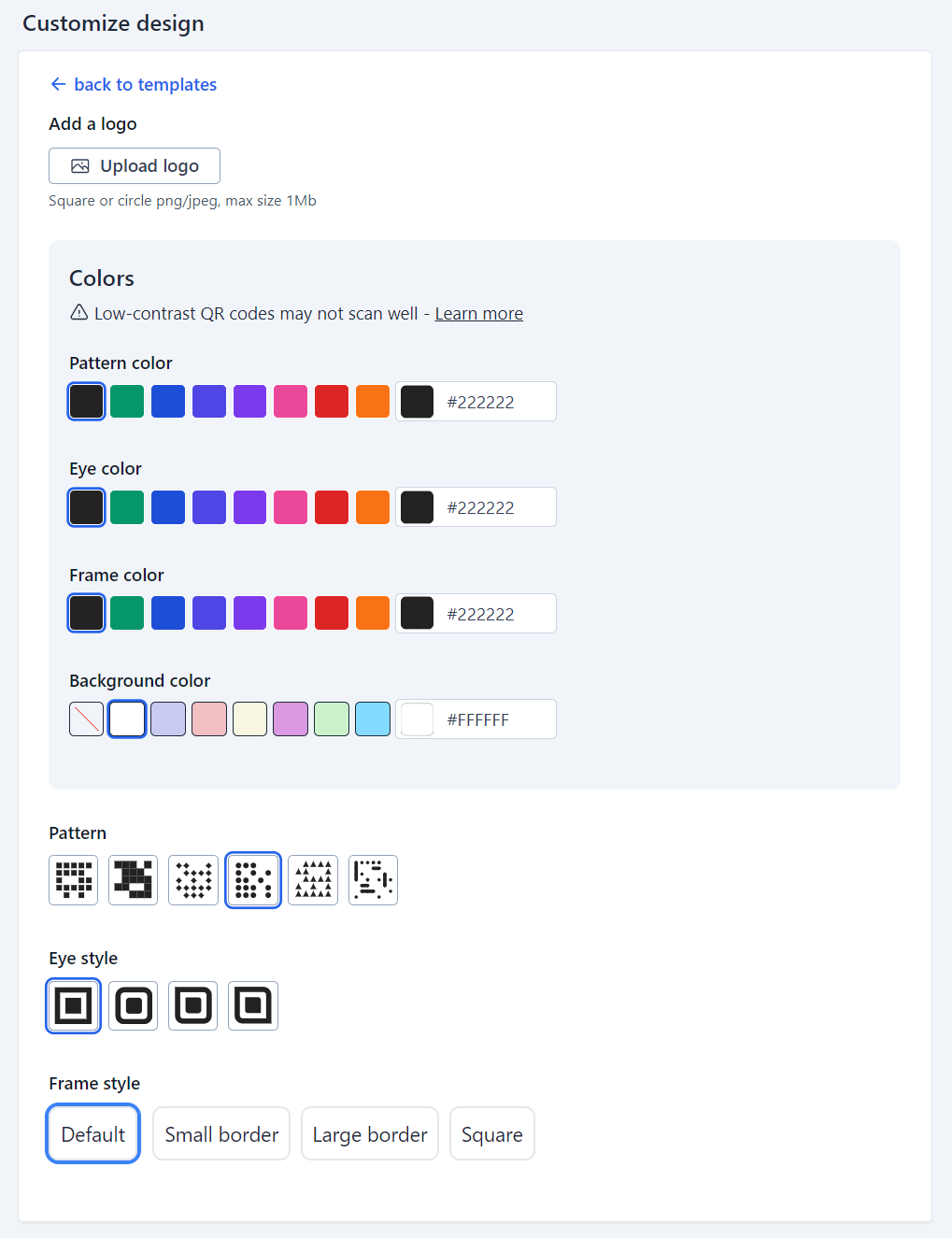 QR code design customization panel showing color pickers, pattern options, eye styles, and frame styles