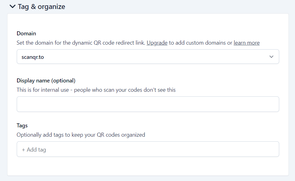 Screenshot of tag & organization page with options to set the domain, display name and tags