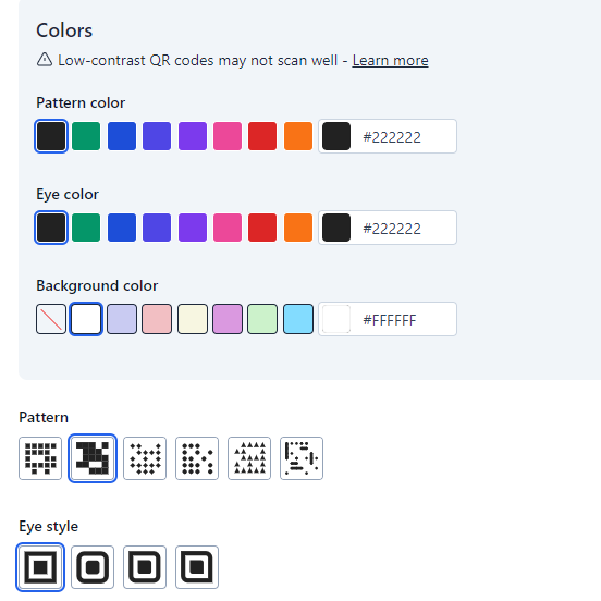 Hovercode QR code customization panel with color and style options