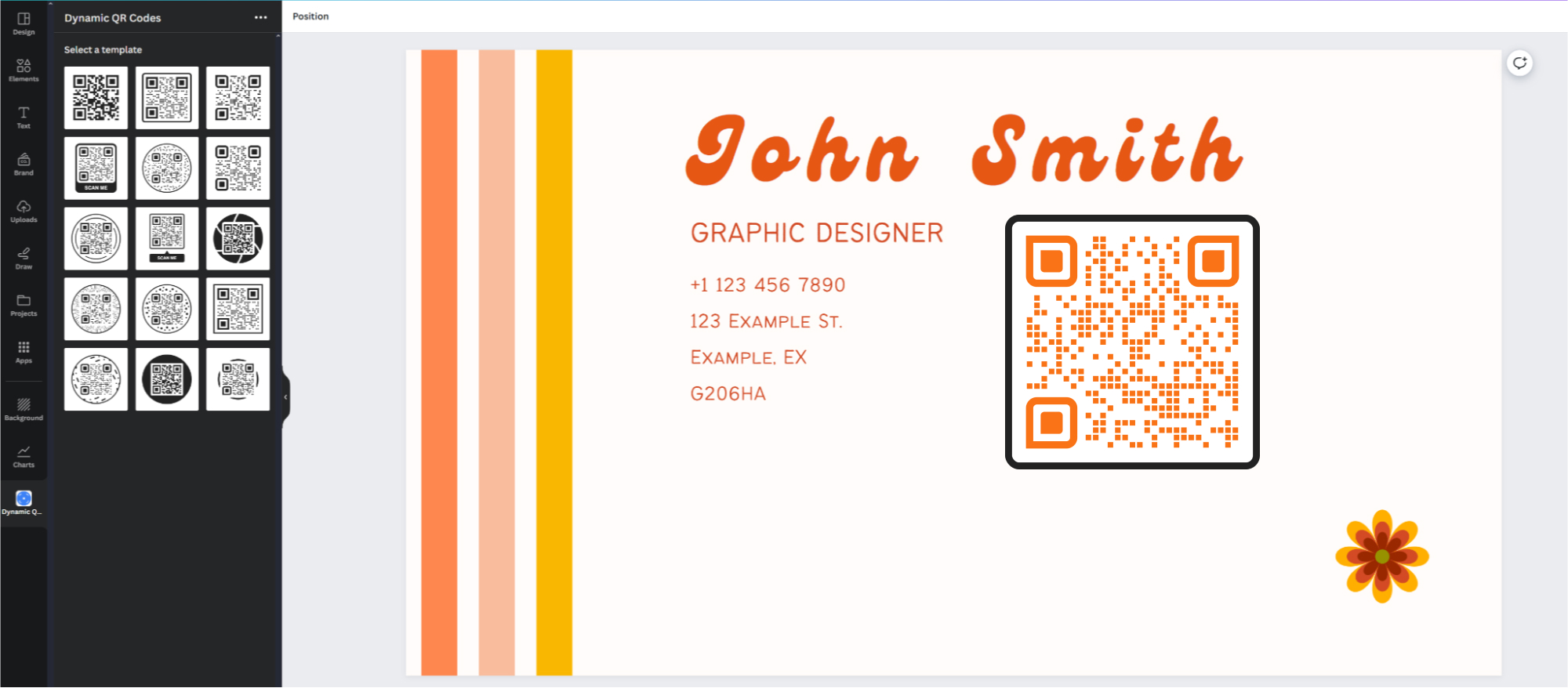 A screenshot of the Canva QR code app (dynamic QR codes) in the Canva editor