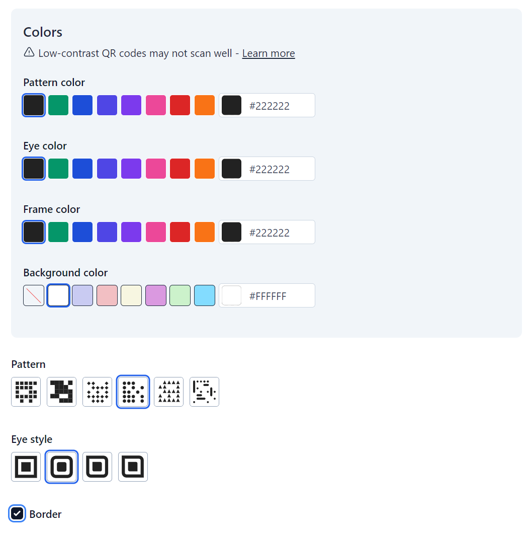 Screenshot of settings for customizing a QR code (colors, logo, design etc)