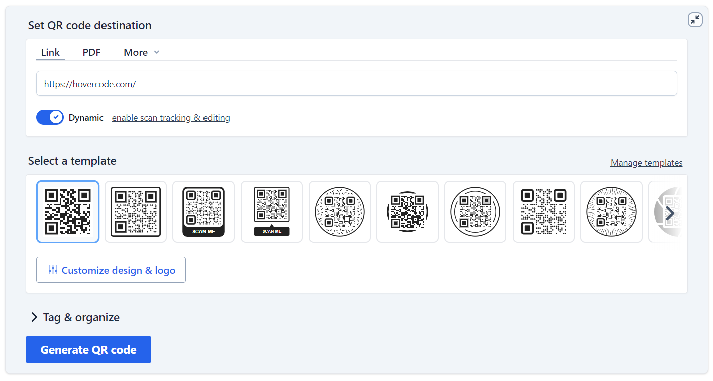 A screenshot of the Hovercode QR code generator (where you can add a link and then select a template to continue)