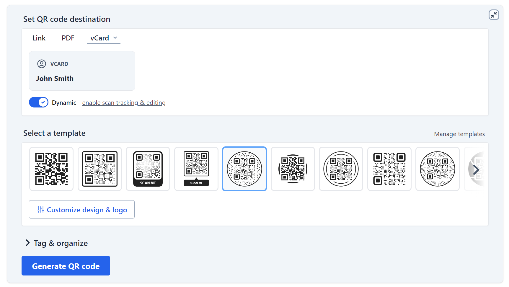 A screenshot of the template selection step in the Hovercode QR code generator