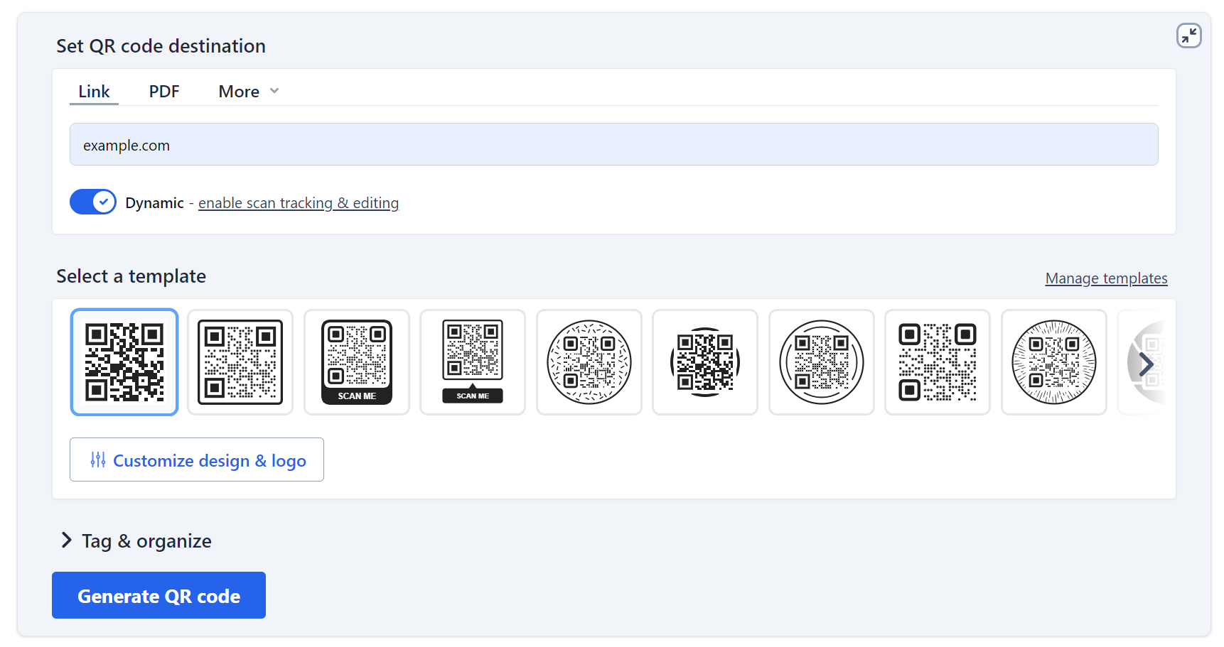 Screenshot of the Hovercode QR code generator with a template being selected