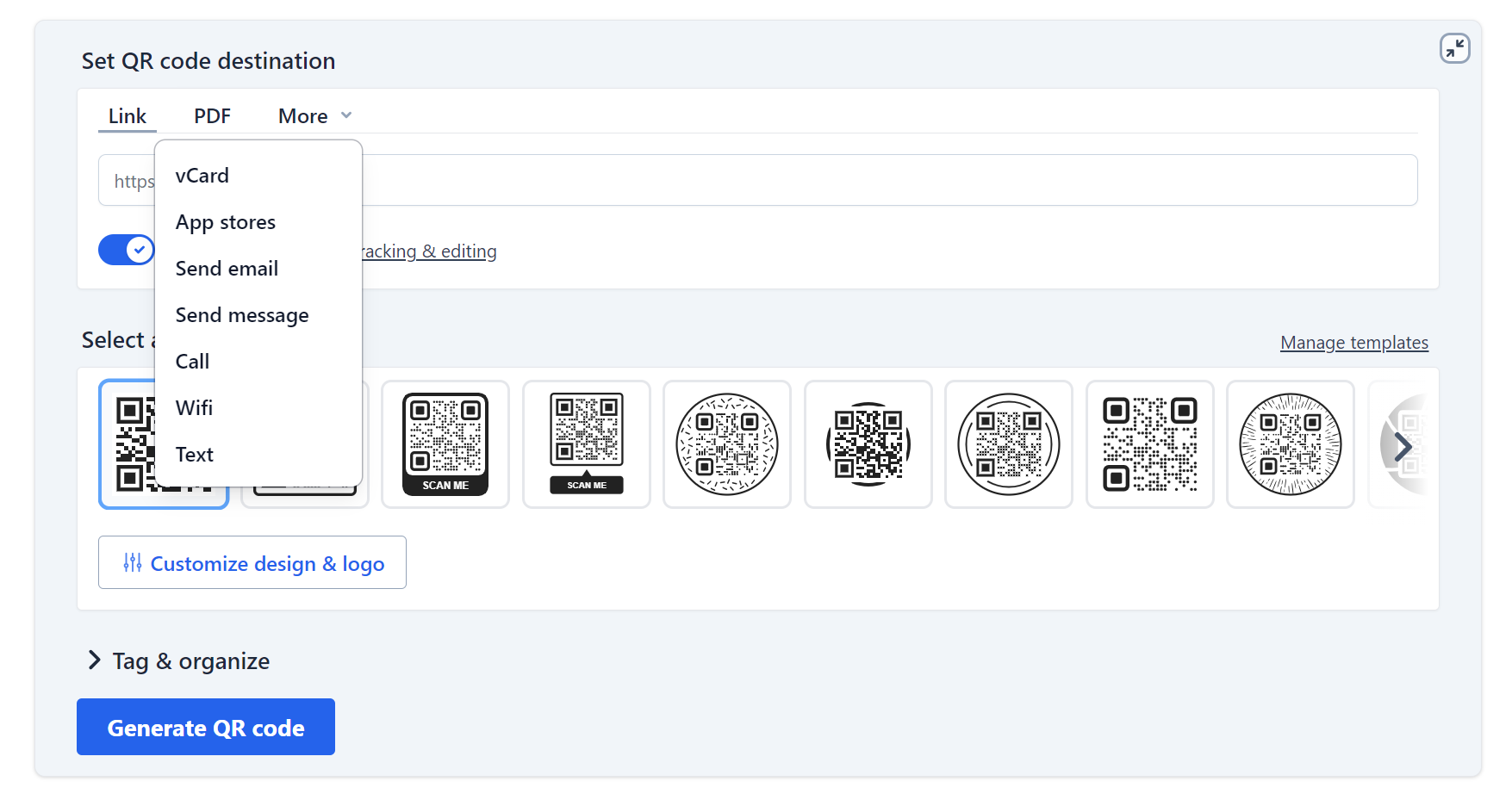 A screenshot of the Hovercode QR code generator with the dropdown for selecting the types